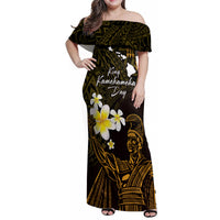 Personalised Hawaii King Kamehameha Day Family Matching Off Shoulder Maxi Dress and Hawaiian Shirt Plumeria With Kakau Pattern - Gold LT14 Mom's Dress Gold - Polynesian Pride