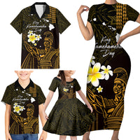 Personalised Hawaii King Kamehameha Day Family Matching Short Sleeve Bodycon Dress and Hawaiian Shirt Plumeria With Kakau Pattern - Gold LT14 - Polynesian Pride