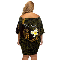 Personalised Hawaii King Kamehameha Day Off Shoulder Short Dress Plumeria With Kakau Pattern - Gold