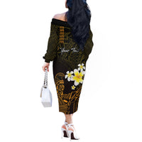 Personalised Hawaii King Kamehameha Day Off The Shoulder Long Sleeve Dress Plumeria With Kakau Pattern - Gold LT14 - Polynesian Pride