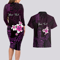 Personalised Hawaii King Kamehameha Day Couples Matching Long Sleeve Bodycon Dress and Hawaiian Shirt Plumeria With Kakau Pattern - Purple LT14 - Polynesian Pride