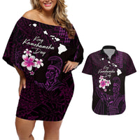 Personalised Hawaii King Kamehameha Day Couples Matching Off Shoulder Short Dress and Hawaiian Shirt Plumeria With Kakau Pattern - Purple LT14 Purple - Polynesian Pride