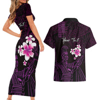 Personalised Hawaii King Kamehameha Day Couples Matching Short Sleeve Bodycon Dress and Hawaiian Shirt Plumeria With Kakau Pattern - Purple LT14 - Polynesian Pride