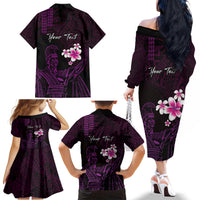 Personalised Hawaii King Kamehameha Day Family Matching Off The Shoulder Long Sleeve Dress and Hawaiian Shirt Plumeria With Kakau Pattern - Purple LT14 - Polynesian Pride