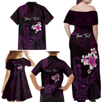 Personalised Hawaii King Kamehameha Day Family Matching Off Shoulder Maxi Dress and Hawaiian Shirt Plumeria With Kakau Pattern - Purple LT14 - Polynesian Pride