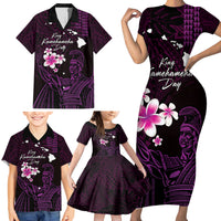 Personalised Hawaii King Kamehameha Day Family Matching Short Sleeve Bodycon Dress and Hawaiian Shirt Plumeria With Kakau Pattern - Purple LT14 - Polynesian Pride