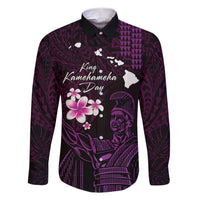 Personalised Hawaii King Kamehameha Day Family Matching Short Sleeve Bodycon Dress and Hawaiian Shirt Plumeria With Kakau Pattern - Purple LT14 Dad's Shirt - Long Sleeve Purple - Polynesian Pride