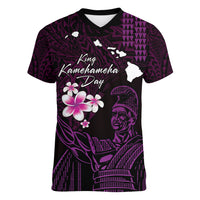 Personalised Hawaii King Kamehameha Day Women V Neck T Shirt Plumeria With Kakau Pattern - Purple