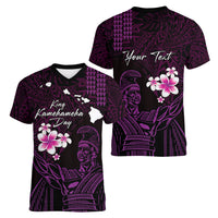 Personalised Hawaii King Kamehameha Day Women V Neck T Shirt Plumeria With Kakau Pattern - Purple