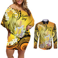 Polynesia Easter Day Couples Matching Off Shoulder Short Dress and Long Sleeve Button Shirt He Is Risen Lilium Longiflorum Polynesian Pattern