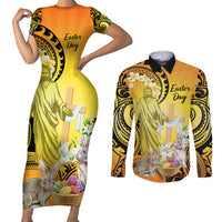 Polynesia Easter Day Couples Matching Short Sleeve Bodycon Dress and Long Sleeve Button Shirt He Is Risen Lilium Longiflorum Polynesian Pattern