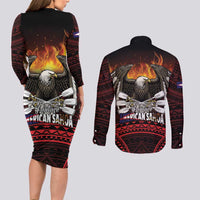 Fautasi Race Day American Samoa Couples Matching Long Sleeve Bodycon Dress and Long Sleeve Button Shirt Bald Eagle Polynesian Tattoo