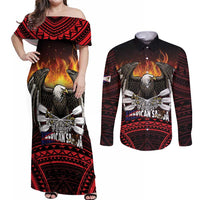 Fautasi Race Day American Samoa Couples Matching Off Shoulder Maxi Dress and Long Sleeve Button Shirt Bald Eagle Polynesian Tattoo