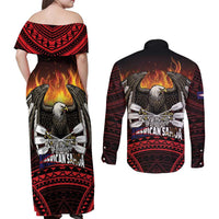Fautasi Race Day American Samoa Couples Matching Off Shoulder Maxi Dress and Long Sleeve Button Shirt Bald Eagle Polynesian Tattoo