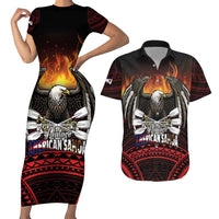 Fautasi Race Day American Samoa Couples Matching Short Sleeve Bodycon Dress and Hawaiian Shirt Bald Eagle Polynesian Tattoo