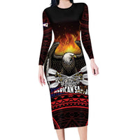 Fautasi Race Day American Samoa Family Matching Long Sleeve Bodycon Dress and Hawaiian Shirt Bald Eagle Polynesian Tattoo LT14 Mom's Dress Black - Polynesian Pride