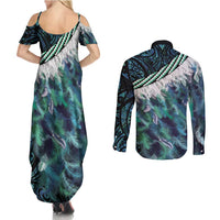 Turquoise Traditional Cloak Aotearoa Couples Matching Summer Maxi Dress and Long Sleeve Button Shirt Maori Paua Shell Korowai Pattern