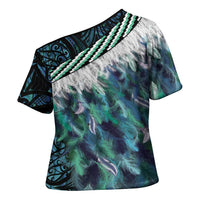 Turquoise Traditional Cloak Aotearoa Cross Shoulder Shirt Maori Paua Shell Korowai Pattern - Polynesian Pride