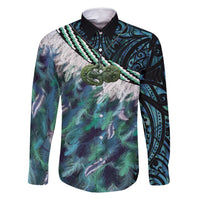 Turquoise Traditional Cloak Aotearoa Family Matching Mermaid Dress and Hawaiian Shirt Maori Paua Shell Korowai Pattern LT14 Dad's Shirt - Long Sleeve Turquoise - Polynesian Pride