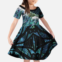 Turquoise Traditional Cloak Aotearoa Family Matching Off The Shoulder Long Sleeve Dress and Hawaiian Shirt Maori Paua Shell Korowai Pattern LT14 Daughter's Dress Turquoise - Polynesian Pride
