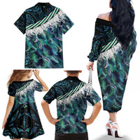 Turquoise Traditional Cloak Aotearoa Family Matching Off The Shoulder Long Sleeve Dress and Hawaiian Shirt Maori Paua Shell Korowai Pattern LT14 - Polynesian Pride