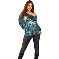 Turquoise Traditional Cloak Aotearoa Off Shoulder Sweater Maori Paua Shell Korowai Pattern