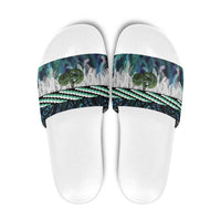 Turquoise Traditional Cloak Aotearoa Slide Sandals Maori Paua Shell Korowai Pattern - Polynesian Pride