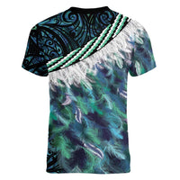 Turquoise Traditional Cloak Aotearoa Women V-Neck T-Shirt Maori Paua Shell Korowai Pattern