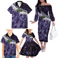 Purple Traditional Cloak Aotearoa Family Matching Off The Shoulder Long Sleeve Dress and Hawaiian Shirt Maori Paua Shell Korowai Pattern LT14 - Polynesian Pride