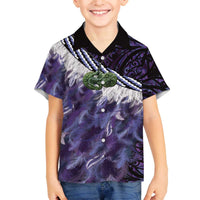 Purple Traditional Cloak Aotearoa Family Matching Off The Shoulder Long Sleeve Dress and Hawaiian Shirt Maori Paua Shell Korowai Pattern LT14 Son's Shirt Purple - Polynesian Pride