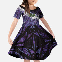 Purple Traditional Cloak Aotearoa Kid Short Sleeve Dress Maori Paua Shell Korowai Pattern