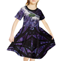 Purple Traditional Cloak Aotearoa Kid Short Sleeve Dress Maori Paua Shell Korowai Pattern