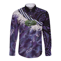 Purple Traditional Cloak Aotearoa Long Sleeve Button Shirt Maori Paua Shell Korowai Pattern