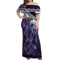 Purple Traditional Cloak Aotearoa Off Shoulder Maxi Dress Maori Paua Shell Korowai Pattern