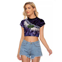 Purple Traditional Cloak Aotearoa Raglan Cropped T Shirt Maori Paua Shell Korowai Pattern