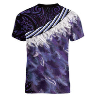 Purple Traditional Cloak Aotearoa Women V-Neck T-Shirt Maori Paua Shell Korowai Pattern