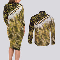 Yellow Traditional Cloak Aotearoa Couples Matching Long Sleeve Bodycon Dress and Long Sleeve Button Shirt Maori Paua Shell Korowai Pattern LT14 - Polynesian Pride