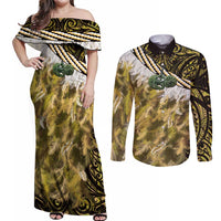 Yellow Traditional Cloak Aotearoa Couples Matching Off Shoulder Maxi Dress and Long Sleeve Button Shirt Maori Paua Shell Korowai Pattern