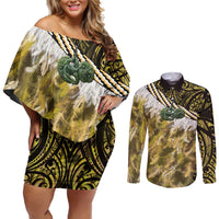 Yellow Traditional Cloak Aotearoa Couples Matching Off Shoulder Short Dress and Long Sleeve Button Shirt Maori Paua Shell Korowai Pattern