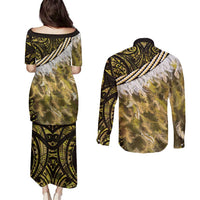 Yellow Traditional Cloak Aotearoa Couples Matching Puletasi and Long Sleeve Button Shirt Maori Paua Shell Korowai Pattern