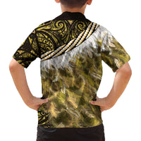 Yellow Traditional Cloak Aotearoa Family Matching Off The Shoulder Long Sleeve Dress and Hawaiian Shirt Maori Paua Shell Korowai Pattern LT14 - Polynesian Pride