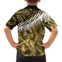Yellow Traditional Cloak Aotearoa Family Matching Short Sleeve Bodycon Dress and Hawaiian Shirt Maori Paua Shell Korowai Pattern LT14 - Polynesian Pride