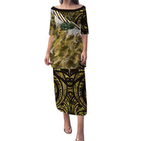 Yellow Traditional Cloak Aotearoa Puletasi Maori Paua Shell Korowai Pattern