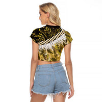 Yellow Traditional Cloak Aotearoa Raglan Cropped T Shirt Maori Paua Shell Korowai Pattern