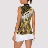Yellow Traditional Cloak Aotearoa Women Sleeveless Polo Shirt Maori Paua Shell Korowai Pattern