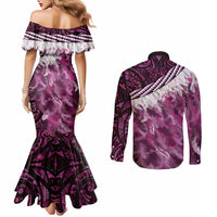 Pink Traditional Cloak Aotearoa Couples Matching Mermaid Dress and Long Sleeve Button Shirt Maori Paua Shell Korowai Pattern