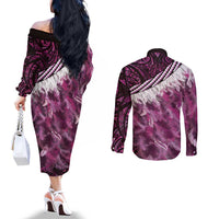 Pink Traditional Cloak Aotearoa Couples Matching Off The Shoulder Long Sleeve Dress and Long Sleeve Button Shirt Maori Paua Shell Korowai Pattern
