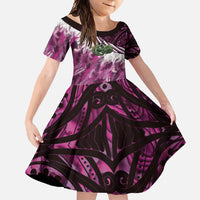 Pink Traditional Cloak Aotearoa Family Matching Long Sleeve Bodycon Dress and Hawaiian Shirt Maori Paua Shell Korowai Pattern LT14 Daughter's Dress Pink - Polynesian Pride