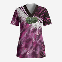 Pink Traditional Cloak Aotearoa Scrub Top Maori Paua Shell Korowai Pattern - Polynesian Pride