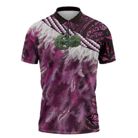 Pink Traditional Cloak Aotearoa Zipper Polo Shirt Maori Paua Shell Korowai Pattern LT14 Pink - Polynesian Pride